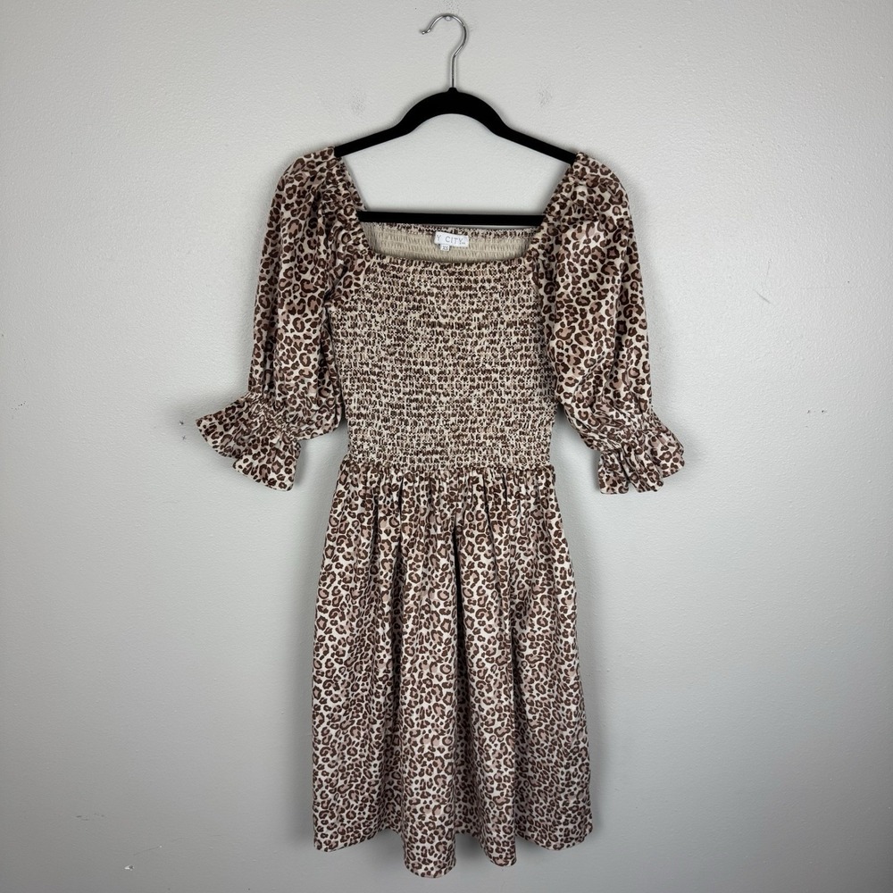 Ivy City Co Wild One Velour Dress Square Neck Smocked Leopard XS Pockets